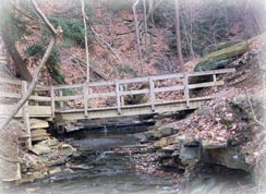 A bridge on a trail above a shale waterfall.